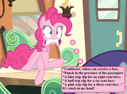 Size: 864x640 | Tagged: safe, edit, edited screencap, editor:korora, screencap, pinkie pie, rarity, earth pony, pony, g4, the last roundup, conductor when you receive a fare, cropped, crossed legs, ear worm, female, friendship express, intentional spelling error, mare, solo, thought bubble
