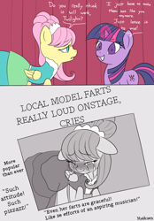 Size: 1161x1670 | Tagged: safe, artist:hyakuen, fluttershy, twilight sparkle, pegasus, pony, unicorn, g4, green isn't your color, 2 panel comic, blushing, clothes, comic, crying, dress, embarrassed, eyebrows, eyebrows visible through hair, eyes closed, fart joke, glowing, glowing horn, horn, i'm so sorry, implied farting, implied photo finish, implied rarity, newspaper, parody, scene parody, sparkles, toilet humor, unicorn twilight