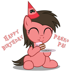Size: 3900x3880 | Tagged: safe, artist:strategypony, oc, oc only, oc:ace play, oc:cutie e, earth pony, pony, birthday, cake, cake slice, content, cute, earth pony oc, eating, eyes closed, female, filly, foal, food, happy birthday, hat, high res, hoof hold, party hat, plate, rule 63, simple background, sitting, solo, text, transparent background