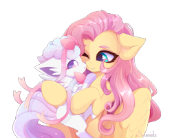 Size: 4500x3600 | Tagged: safe, artist:xsatanielx, fluttershy, pony, vulpix, g4, absurd resolution, alolan form, commission, crossover, cute, female, one eye closed, pokémon, shyabetes, simple background, smiling, transparent background