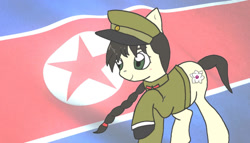 Size: 1280x732 | Tagged: safe, artist:foxy1219, oc, oc only, oc:mokran, pony, braid, clothes, flag, flag background, hat, index get, military uniform, nation ponies, north korea, north korean flag, ponified, solo, uniform, x0000 milestone, x00000 milestone