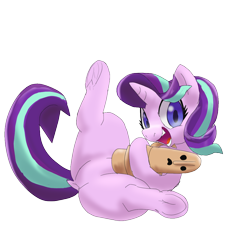 Size: 1000x1000 | Tagged: safe, artist:kushina13, starlight glimmer, pony, unicorn, g4, butt, dock, female, glimmer glutes, haniwa, looking at you, lying down, mare, on back, open mouth, open smile, plot, simple background, smiling, smiling at you, solo, tail, transparent background