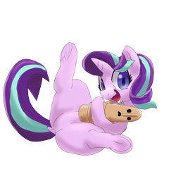 Size: 1000x1000 | Tagged: safe, artist:kushina13, starlight glimmer, pony, unicorn, g4, butt, dock, featureless crotch, female, glimmer glutes, haniwa, looking at you, lying down, mare, on back, open mouth, open smile, plot, simple background, smiling, smiling at you, solo, tail, transparent background, underhoof