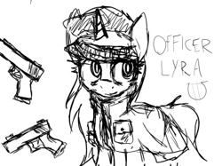 Size: 329x246 | Tagged: safe, artist:zebra, oc, oc:officer lyra, clothes, coat, dual wield, glock, gun, handgun, magic, monochrome, officer lyra, picture for breezies, pistol, police, police officer, police uniform, solo, telekinesis, weapon