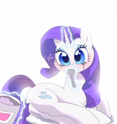 Size: 3858x4096 | Tagged: safe, artist:leo19969525, rarity, pony, unicorn, g4, comfort eating, eating, female, food, ice cream, lying down, magic, makeup, mare, marshmelodrama, rarity being rarity, running makeup, simple background, solo, spoon, telekinesis, white background