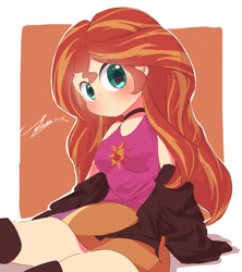 Size: 3200x3600 | Tagged: safe, artist:leo19969525, sunset shimmer, equestria girls, g4, breasts, busty sunset shimmer, clothes, cute, female, high res, human coloration, jacket, looking at you, shimmerbetes, sitting, sleeveless, solo