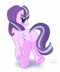 Size: 3147x3752 | Tagged: safe, artist:leo19969525, starlight glimmer, pony, unicorn, g4, blushing, butt, cute, eye clipping through hair, female, glimmer glutes, glimmerbetes, high res, looking at you, looking back, looking back at you, mare, plot, simple background, solo, white background