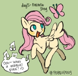 Size: 1110x1079 | Tagged: safe, artist:doggirlposting, fluttershy, butterfly, pegasus, pony, g4, februpony, female, filly, filly fluttershy, foal, green background, open mouth, simple background, singing, so many wonders, solo, younger