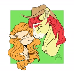 Size: 2200x2200 | Tagged: safe, artist:will-owl-the-wisp, bright mac, pear butter, earth pony, pony, g4, cowboy hat, ear fluff, eyes closed, februpony, female, freckles, hat, high res, male, mare, nuzzling, ship:brightbutter, shipping, smiling, stallion, stetson, straight