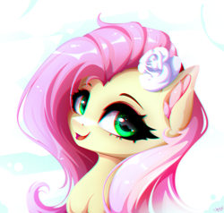 Size: 2916x2772 | Tagged: safe, artist:stahlkat, fluttershy, pony, g4, bust, cute, ear fluff, female, flower, flower in hair, high res, mare, open mouth, portrait, shyabetes, solo