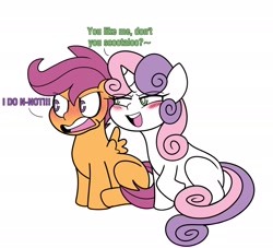 Size: 2048x1856 | Tagged: safe, artist:missbusyizzy, scootaloo, sweetie belle, pegasus, pony, unicorn, g4, angry, blushing, duo, female, filly, foal, just one bite, leaning, lesbian, looking left, meme, open mouth, ponified meme, reference, scootere, ship:scootabelle, shipping, simple background, spongebob squarepants, tsundaloo, tsundere, white background, you like krabby patties don't you squidward?