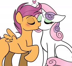 Size: 2048x1856 | Tagged: safe, artist:missbusyizzy, scootaloo, sweetie belle, pegasus, pony, unicorn, g4, blushing, duo, eyes closed, female, heart, kiss on the lips, kissing, lesbian, mare, older, older scootaloo, older sweetie belle, ship:scootabelle, shipping, simple background, white background