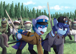 Size: 2354x1671 | Tagged: safe, artist:kaliner123, oc, oc:typhoon, oc:v.piper, earth pony, kirin, pony, clothes, military, military uniform, russia, russian civil war, russian empire, saber, uniform, weapon, white army