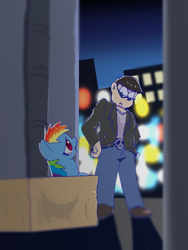 Size: 600x800 | Tagged: safe, artist:kushina13, rainbow dash, human, pegasus, pony, fanfic:my little dashie, g4, box, clothes, duo, female, filly, filly rainbow dash, foal, jacket, karamatsu, karamatsu matsuno, leather jacket, looking at each other, looking at someone, looking down, looking up, male, osomatsu-san, teary eyes, younger