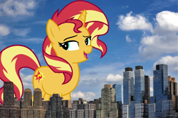 Size: 1878x1250 | Tagged: safe, artist:famousmari5, artist:thegiantponyfan, sunset shimmer, pony, unicorn, g4, female, giant pony, giant unicorn, giant/macro sunset shimmer, giantess, highrise ponies, irl, macro, manhattan, mare, mega giant, new york, new york city, photo, ponies in real life, story included