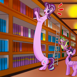 Size: 1000x1000 | Tagged: safe, alternate version, artist:kushina13, spike, starlight glimmer, twilight sparkle, alicorn, dragon, pony, unicorn, g4, book, bookshelf, butt, elastic, emanata, ladder, long glimmer, long pony, looking at each other, looking at someone, looking back, looking down, looking up, meme, open mouth, open smile, plot, smiling, stretchy, sweat, sweatdrop, trio, twilight sparkle (alicorn), winged spike, wings
