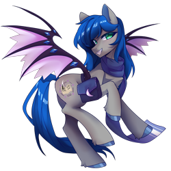 Size: 5000x5000 | Tagged: safe, artist:catalina midnight, oc, oc only, oc:starlight classics, bat pony, bag, clothes, saddle bag, scarf, simple background, solo, spread wings, transparent background, wings