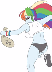 Size: 2100x2900 | Tagged: safe, artist:sumin6301, rainbow dash, equestria girls, g4, armpits, ass, bare shoulders, breasts, butt, clothes, female, high res, looking back, money bag, shoes, simple background, sleeveless, socks, solo, tank top, white background, wristband