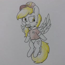 Size: 3072x3072 | Tagged: safe, artist:cherro, derpy hooves, pegasus, pony, g4, clothes, hat, high res, letter, mail, mouth hold, shirt, simple background, solo, traditional art, white background