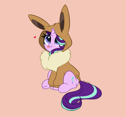 Size: 5144x4768 | Tagged: safe, artist:kittyrosie, starlight glimmer, eevee, pony, unicorn, g4, :p, blushing, clothes, costume, cute, eevee hoodie, female, glimmerbetes, heart, heart eyes, hoodie, kigurumi, mare, pokémon, solo, tongue out, weapons-grade cute, wingding eyes