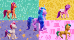 Size: 1422x782 | Tagged: safe, screencap, hitch trailblazer, izzy moonbow, pipp petals, sunny starscout, zipp storm, earth pony, pegasus, pony, unicorn, g5, my little pony: a new generation, spoiler:my little pony: a new generation, abstract background, braid, chubby, colored wings, concave belly, diverse body types, eyes closed, female, fit, fit right in (g5), folded wings, frown, hooves, horn, long mane, looking down, male, mane five, mare, odd one out, palindrome get, physique difference, raised hoof, raised leg, side view, slender, smiling, stallion, strutting, thin, unshorn fetlocks, wings