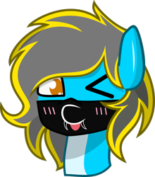 Size: 782x887 | Tagged: safe, artist:samsailz, oc, oc only, oc:thundy, pony, :p, bust, commission, cute, fangs, looking at you, mask, one eye closed, portrait, simple background, solo, tongue out, transparent background, wink, ych result