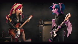 Size: 9600x5400 | Tagged: safe, artist:imafutureguitarhero, sci-twi, sunset shimmer, twilight sparkle, alicorn, unicorn, anthro, g4, 3d, absurd file size, absurd resolution, amplifier, arm fluff, bass guitar, beer bottle, black bars, black shirt, bottle, cable, cargo pants, cheek fluff, chromatic aberration, clothes, colored eyebrows, colored eyelashes, duo, ear fluff, electric guitar, female, fender, fender jazz bass, film grain, fingerless gloves, fluffy, freckles, fur, gloves, guitar, guitar amp, horn, jacket, jeans, leather jacket, leonine tail, letterboxing, long hair, long mane, looking at each other, looking at someone, mare, multicolored hair, multicolored mane, multicolored tail, musical instrument, neck fluff, nose wrinkle, open mouth, paintover, pants, particles, peppered bacon, playing instrument, revamped anthros, revamped ponies, rickenbacker, sci-twilicorn, shirt, signature, source filmmaker, strap, tail, twilight sparkle (alicorn), wall of tags, wings, wings down