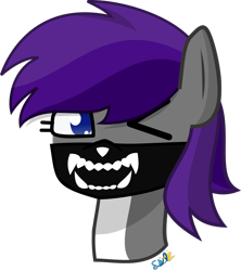 Size: 770x867 | Tagged: safe, artist:samsailz, oc, oc only, pony, bust, commission, cute, fangs, looking at you, mask, one eye closed, portrait, simple background, solo, transparent background, wink, ych result