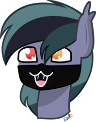 Size: 683x862 | Tagged: safe, artist:samsailz, oc, oc only, oc:scrimmy, bat pony, pony, bust, commission, cute, fangs, happy, heterochromia, mask, portrait, simple background, solo, transparent background, ych result