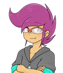 Size: 640x740 | Tagged: safe, alternate version, artist:batipin, scootaloo, equestria girls, g4, crossed arms, cute, cute little fangs, fangs, female, glasses, multiple variants, simple background, solo, transparent background