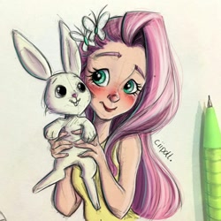 Size: 1280x1280 | Tagged: safe, artist:ciipott, angel bunny, fluttershy, human, rabbit, g4, animal, blushing, clothes, female, humanized, male, traditional art