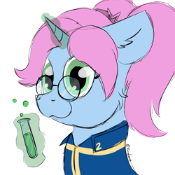 Size: 1024x1024 | Tagged: safe, artist:exobass, oc, oc only, oc:stardust, pony, unicorn, fallout equestria, bust, chemistry, clothes, commission, commissioner:appletree, glasses, jumpsuit, magic, pigtails, simple background, sketch, solo, transparent background, vault suit