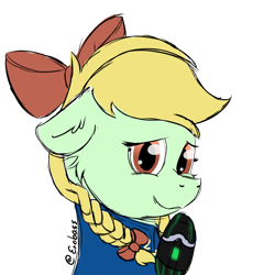 Size: 1024x1024 | Tagged: safe, artist:exobass, oc, oc only, oc:appletree, earth pony, pony, fallout equestria, amputee, bow, braid, bust, clothes, commission, commissioner:appletree, floppy ears, jumpsuit, prosthetic leg, prosthetic limb, prosthetics, simple background, sketch, solo, transparent background, vault suit