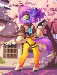 Size: 914x1200 | Tagged: safe, artist:saxopi, oc, oc only, oc:lillybit, pony, semi-anthro, arm hooves, butt, cherry blossoms, cherry tree, clothes, colored pupils, cosplay, costume, crossover, female, flower, flower blossom, futuristic, goggles, gun, hoof shoes, leg strap, looking at you, looking back, looking back at you, overwatch, plot, ponified, purple mane, purple tail, rear view, solo, tail, tail hole, teal eyes, tracer, tree, video game crossover, weapon