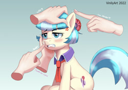 Size: 3280x2312 | Tagged: safe, artist:vinilyart, coco pommel, earth pony, pony, g4, adorable distress, angry, annoyed, bad touch, boop, coco pommel is not amused, cocobetes, cross-popping veins, cute, disembodied hand, flower, flower in hair, gritted teeth, hand, high res, madorable, noseboop, personal space invasion, petting, sitting, solo focus, this will end in pain, unamused, urge to kill rising