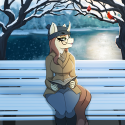 Size: 2000x2000 | Tagged: safe, artist:kennzeichen, oc, oc only, oc:céline actias, bird, cardinal, unicorn, anthro, unguligrade anthro, anthro oc, bench, book, clothes, coat, commission, digital art, female, freckles, glasses, hat, high res, horn, lake, mare, pants, park bench, round glasses, sitting, smiling, snow, solo, tree, unicorn oc, winter, winter hat