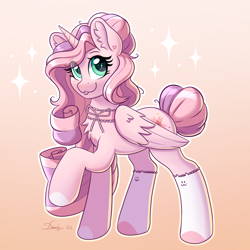 Size: 2684x2684 | Tagged: safe, artist:dandy, oc, oc only, oc:saku, alicorn, pony, :3, ;p, alicorn oc, cat socks, chest fluff, choker, clothes, ear fluff, female, gradient background, hair bun, high res, horn, looking at you, one eye closed, ribbon, socks, solo, tail, tail bun, tongue out, wings