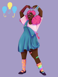 Size: 2048x2732 | Tagged: safe, artist:honeyroastedpeanut, pinkie pie, human, g4, alternate hairstyle, bandaid, bracelet, cherry, chubby, clothes, cupcake, dark skin, female, flats, food, high res, humanized, jewelry, mismatched socks, open mouth, overalls, purple background, rainbow socks, ring, shirt, shoes, simple background, skirt, socks, solo, striped socks, t-shirt, wristband