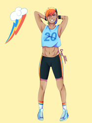 Size: 2048x2732 | Tagged: safe, artist:honeyroastedpeanut, rainbow dash, human, g4, abs, alternate hairstyle, armpits, belly button, clothes, ear piercing, earring, female, grin, high res, humanized, jewelry, midriff, piercing, rainbow socks, shoes, shorts, simple background, smiling, sneakers, socks, solo, sports shorts, striped socks, sweatband, yellow background