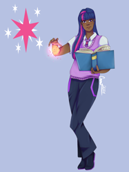Size: 2048x2732 | Tagged: safe, artist:honeyroastedpeanut, twilight sparkle, human, g4, alternate hairstyle, blue background, book, clothes, dark skin, female, high res, humanized, magic, necktie, pants, shirt, shoes, simple background, solo, sweater vest, vest