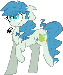 Size: 938x1119 | Tagged: safe, artist:gallantserver, oc, oc only, oc:candied pear, earth pony, pony, blue mane, blue tail, chest fluff, colored pupils, concave belly, earth pony oc, female, freckles, full body, hooves, mare, offspring, parent:applejack, parent:double diamond, raised hoof, simple background, smiling, solo, tail, transparent background