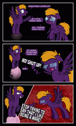 Size: 1920x3169 | Tagged: safe, artist:alexdti, oc, oc only, oc:dark purple, oc:purple creativity, pegasus, pony, comic:quest for friendship, blue eyes, comic, crying, dialogue, duo, ears back, eyes closed, female, glasses, grin, high res, hooves, looking back, male, mare, open mouth, open smile, pegasus oc, r63 paradox, raised hoof, rule 63, smiling, speech bubble, spread wings, stallion, standing, wings, wings down, yelling
