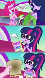 Size: 1344x2323 | Tagged: safe, artist:silverbuller, edit, edited screencap, screencap, pinkie pie, sci-twi, twilight sparkle, watermelody, equestria girls, equestria girls specials, g4, my little pony equestria girls: better together, my little pony equestria girls: spring breakdown, cheese, comic, food, grilled cheese, implied cheese sandwich, implied cheesepie, implied shipping, implied straight, sandwich, screencap comic
