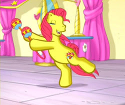 Size: 571x480 | Tagged: safe, screencap, fiesta flair, earth pony, pony, g3, pinkie pie and the ladybug jamboree, bipedal, curtains, cute, dancing, eyes closed, female, fiestabetes, maracas, mare, mirror, musical instrument, open mouth, open smile, playing, shadow, shaking, smiling, solo, stage