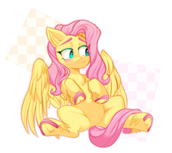 Size: 3000x2669 | Tagged: safe, artist:thieftea, fluttershy, pegasus, pony, g4, blushing, chest fluff, colored hooves, cute, ear fluff, feather, female, frog (hoof), high res, leg fluff, mare, shyabetes, sitting, solo, underhoof