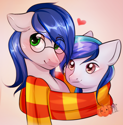 Size: 1841x1872 | Tagged: safe, artist:pledus, oc, oc only, pony, blushing, clothes, commission, duo, female, glasses, heart, male, oc x oc, scarf, shared clothing, shared scarf, shipping, straight, striped scarf