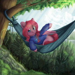 Size: 3000x3000 | Tagged: safe, artist:pledus, oc, oc only, oc:seraphic crimson, pegasus, pony, clothes, commission, female, forest, hammock, high res, open mouth, pegasus oc, scenery, snow, solo, sweater, tree