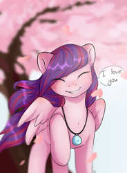 Size: 1760x2393 | Tagged: safe, artist:pledus, oc, oc only, pegasus, pony, commission, eyes closed, female, i love you, jewelry, necklace, pegasus oc, raised hoof, smiling, solo, tree