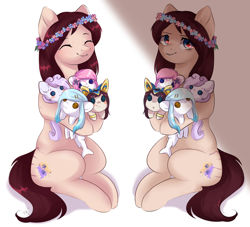 Size: 2608x2369 | Tagged: safe, artist:pledus, oc, oc only, oc:tulip (pandorasia), earth pony, pony, commission, duality, earth pony oc, female, floral head wreath, flower, high res, plushie, smiling, solo