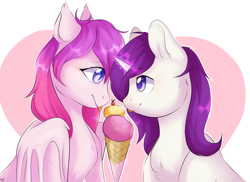 Size: 2688x1962 | Tagged: safe, artist:pledus, oc, oc only, oc:fable daydreams, oc:luscious desire, bat pony, pony, unicorn, bat pony oc, duo, eye contact, female, food, glowing, glowing horn, heart, horn, ice cream, ice cream cone, lesbian, looking at each other, looking at someone, magic, oc x oc, shipping, telekinesis, tongue out, unicorn oc